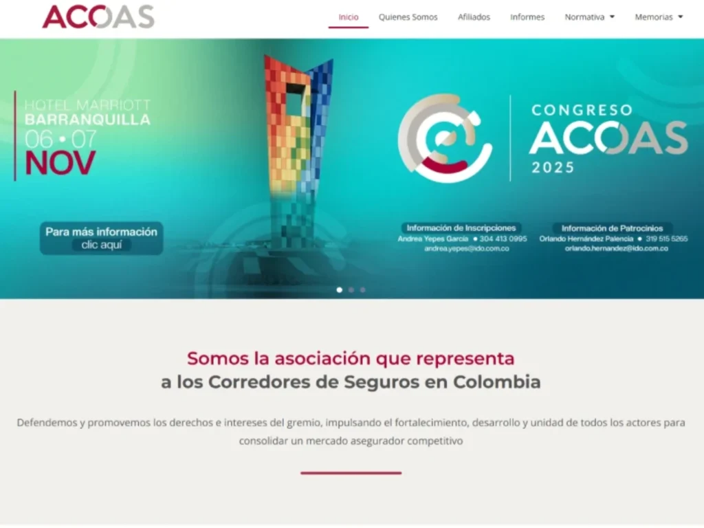 Captura del sitio web de ACOAS con soporte técnico brindado por Impacto Visual.