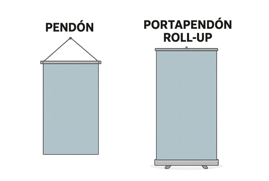 Dibujo representativo de pendón y porta pendón roll-up